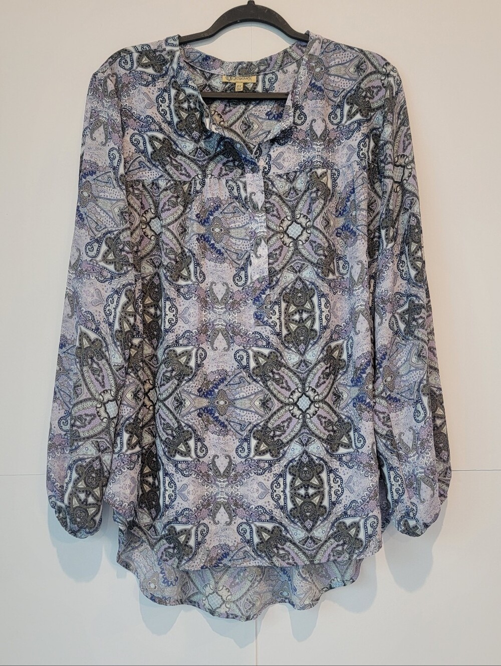 Democracy 2X Paisley Boho Tunic Blouse Purple Blue Long Sleeve